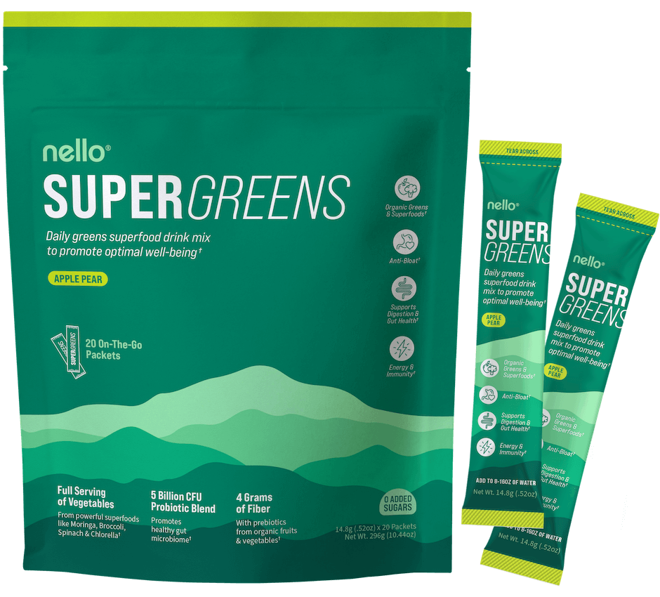 Green superfood drink mix packets promoting digestion and well-being.